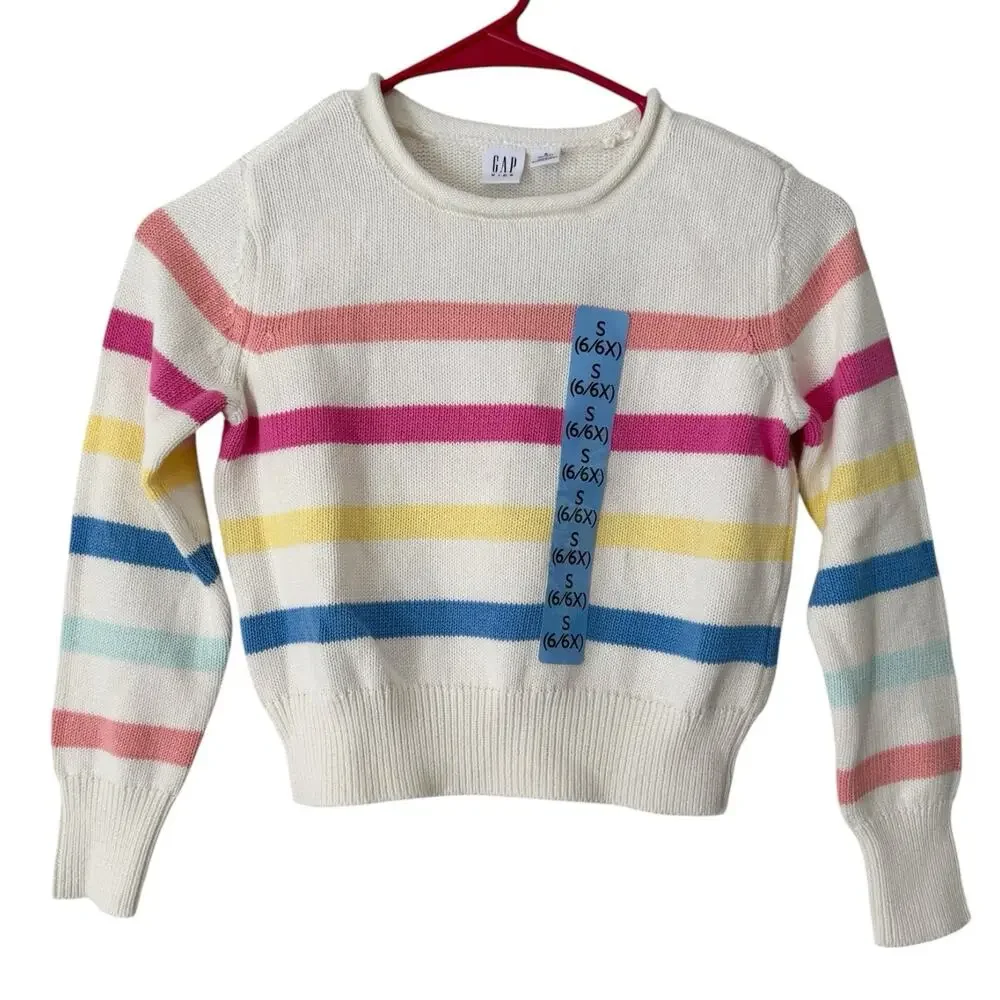 NWT Gap Kids White Striped Rolled Neck Knit Sweater Girls Size Small 6/6x